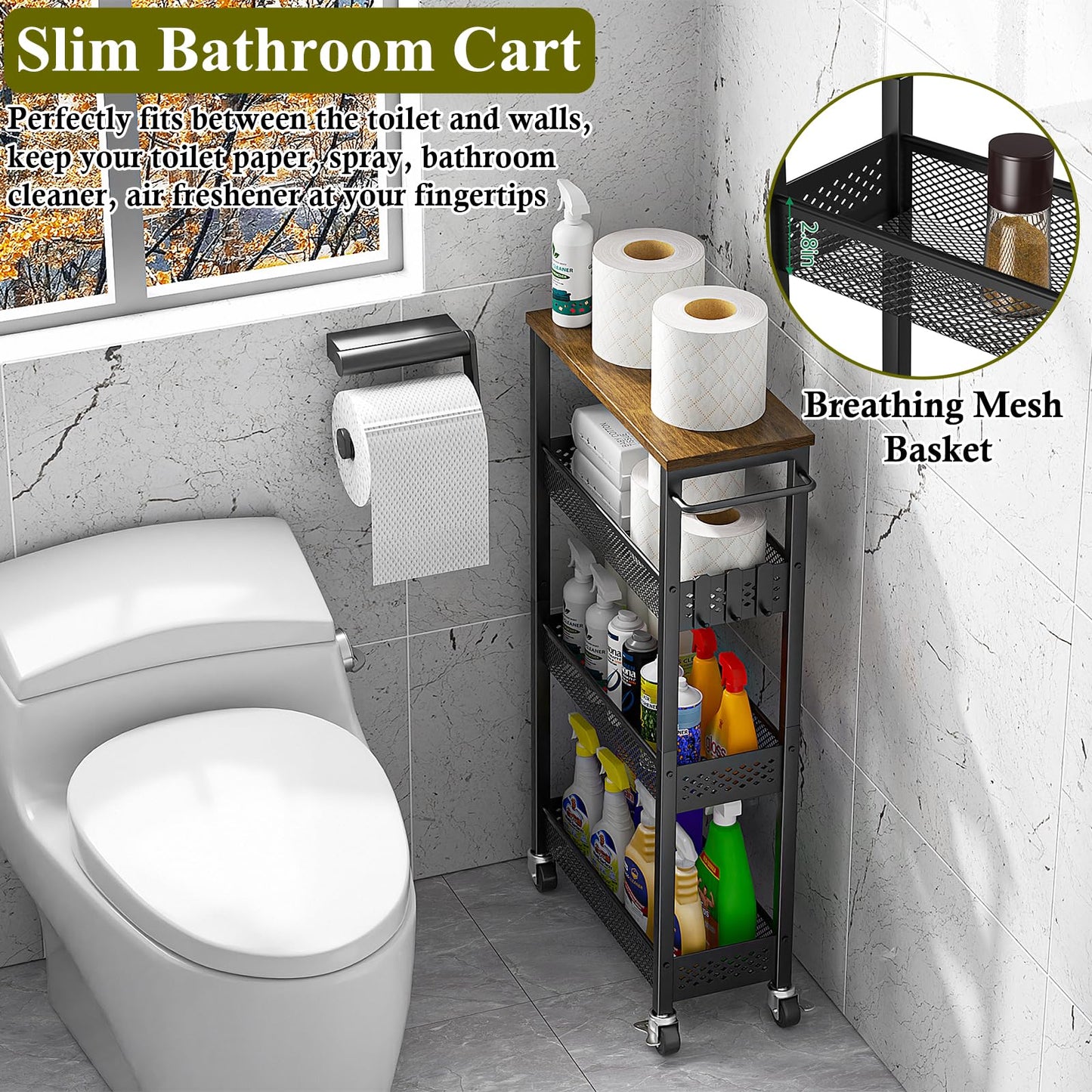 OKZEST Utility Slim Storage Cart, 4 Tier Small Rolling Kitchen Laundry Room Cart with Wood Top, Metal Narrow Bathroom Storage Cabinet Mobile Shelf Unit Organizer Trolley with Handle for Narrow Space