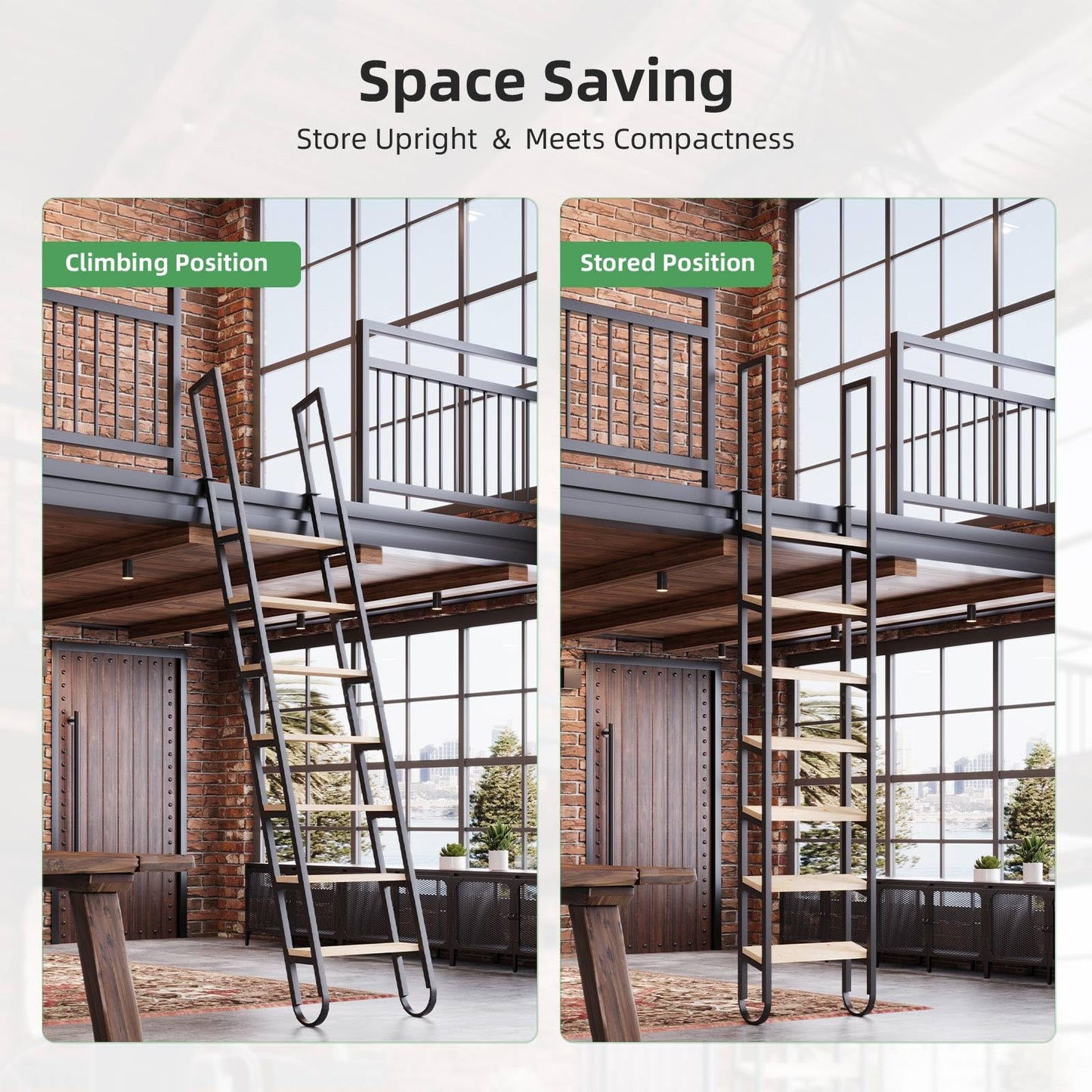 10.35FT Industrial Style Loft Ladder, 8 Steps with Black Steel Handrails & Solid Wood Steps, 450lbs Capacity, Fits 8.2-9FT Installation Height,for Attic, Kitchen, Warehouse, Bookshelf& Outdoor