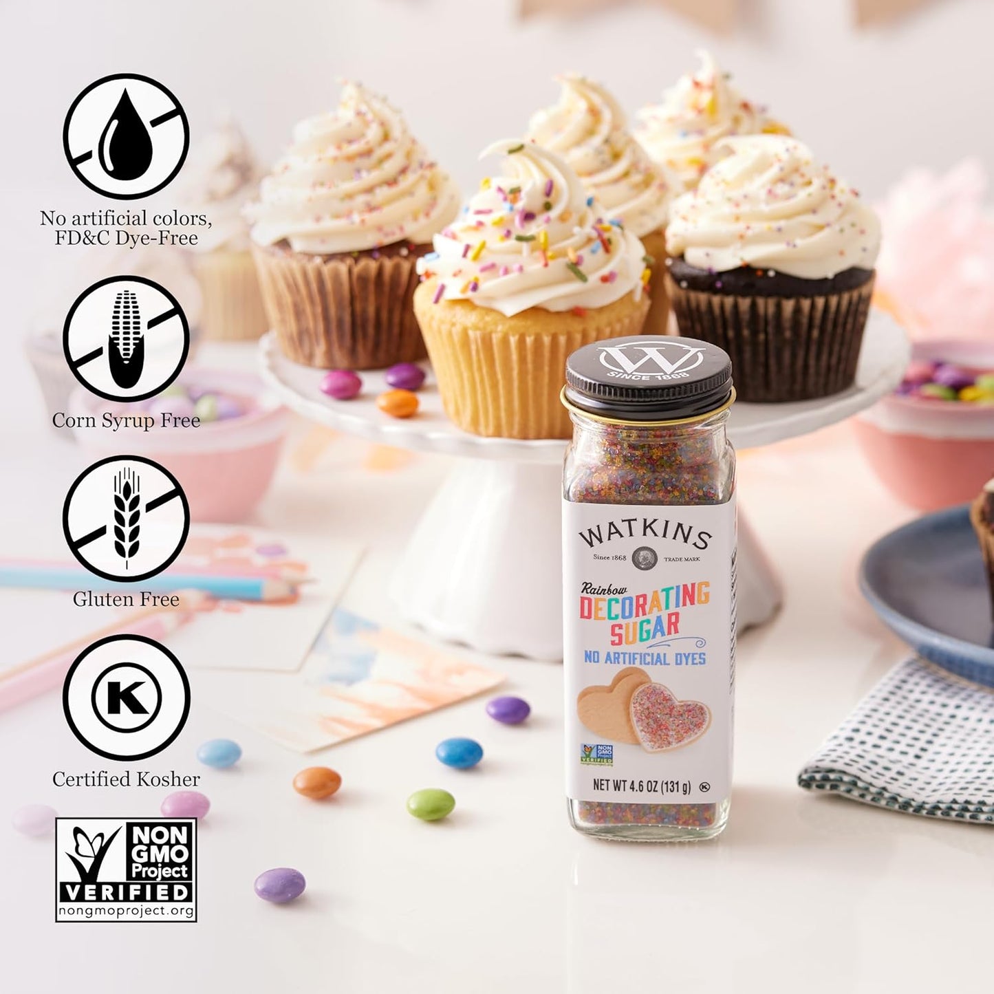 Watkins Rainbow Decorating Sugar - Non-GMO, 4.6 Ounce | Pack of 3 for Vibrant Baking