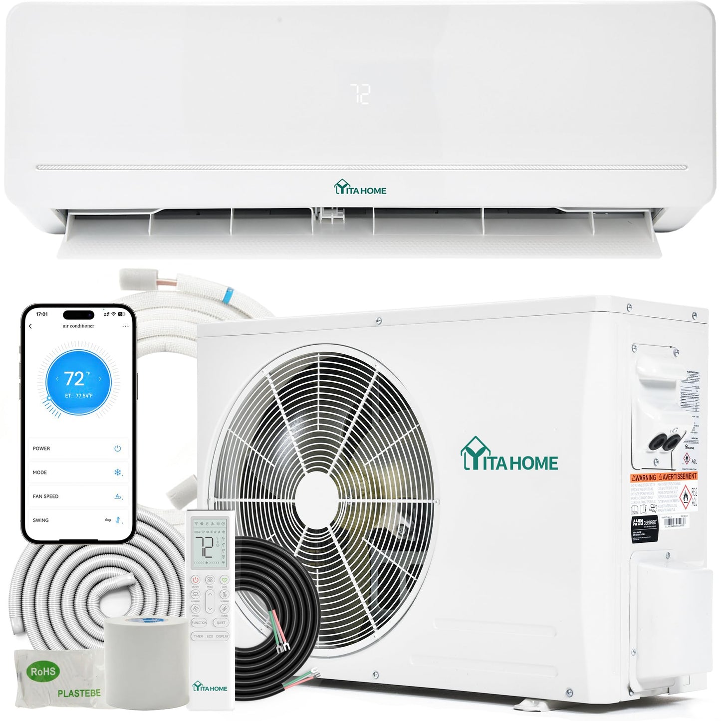 YITAHOME 18000 BTU Mini Split AC/Heating System, Ductless Mini Split Air Conditioner Heat Pump,230V 20 SEER2 Energy Efficient Inverter AC Unit,Wifi Enabled Compatible with Alexa for Apartment, Garage