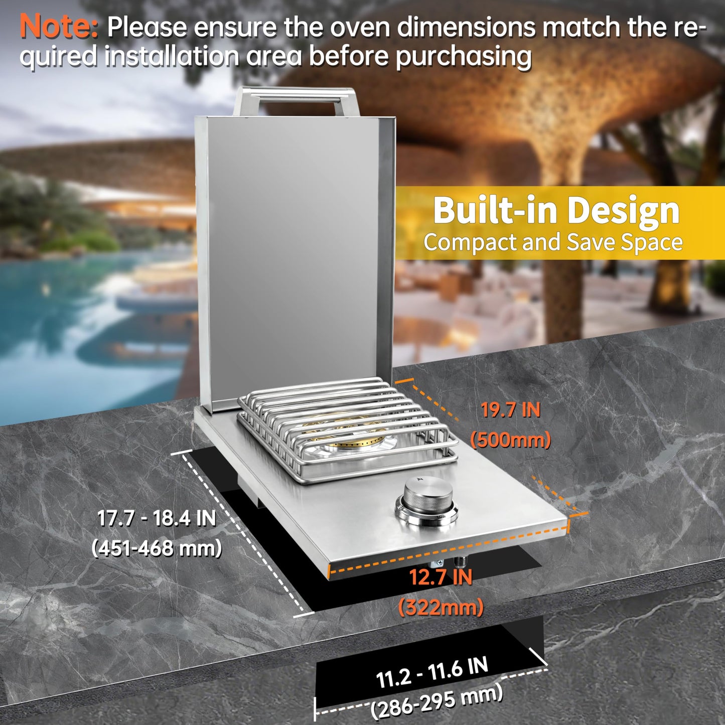 Built-in Single Grilling Side Burner for Outdoor Grill, Heavy-Duty 304 Stainless Steel, Drop-in Side Burner With Cover, 15,000BTU Propane & Natural Gas, Single Side Burner for Family Patio Parties
