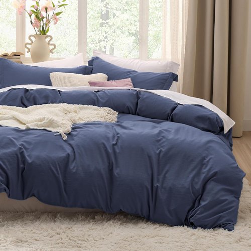 Bedsure Navy Blue King Duvet Cover Set - Oversized 3-Piece Extra Soft Prewashed Cotton-Like Polyester, 120x98 Inches with Zipper Closure & 2 Pillow Shams