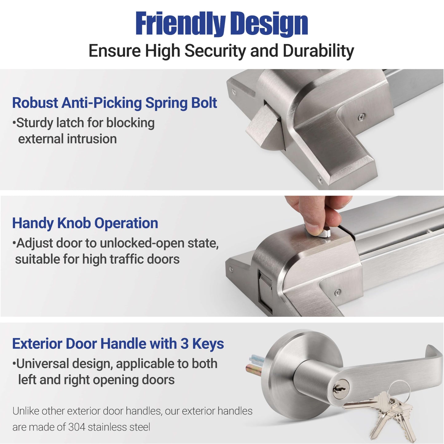 304 Stainless Steel Panic Bars for Emergency Exit Doors with Alarms - 25.5” Commercial Door Push Bar Panic Exit Device with Exterior Lever Handle, Panic Door Hardware for 26”-41”Wooden/Metal Doors