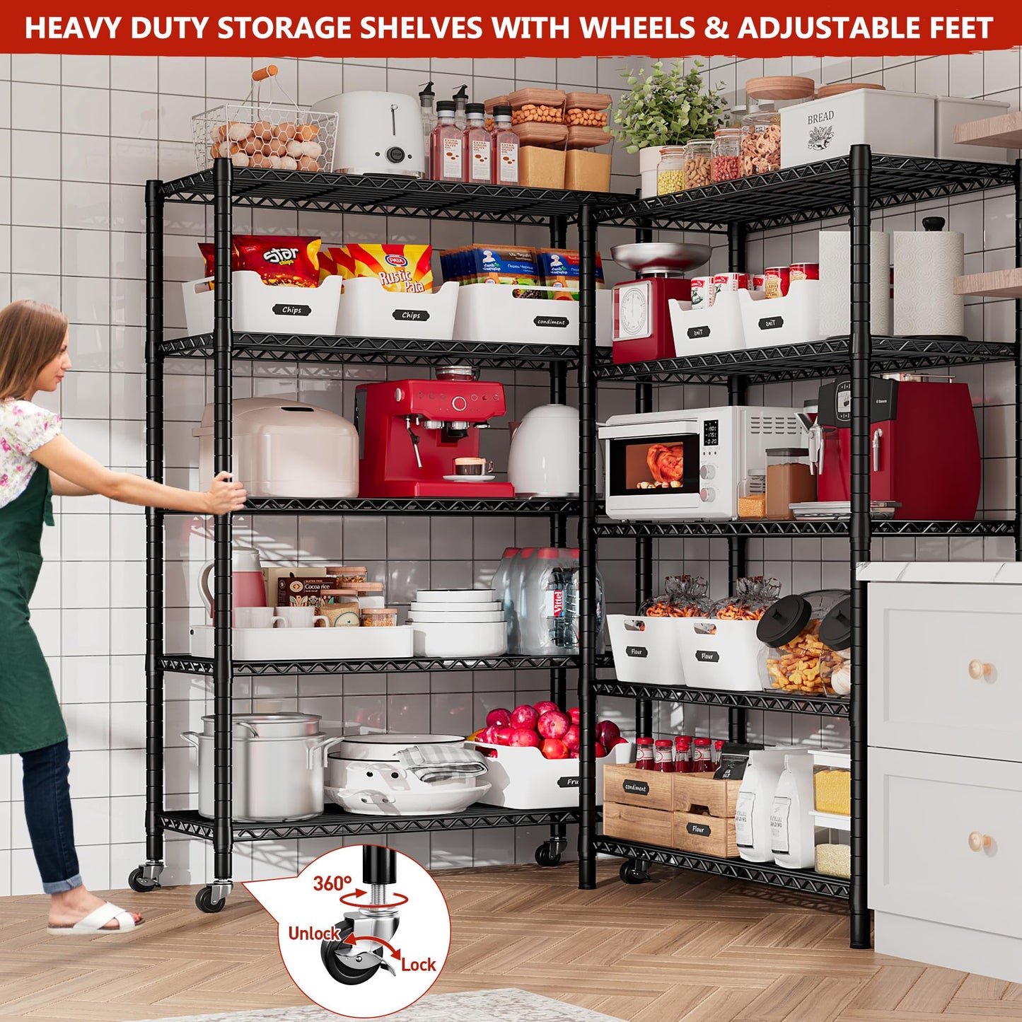 REIBII Storage Shelves Load 1980LBS,5 Tier Metal Shelving Unit with Wheels,Adjustable Wire Shelving Metal Storage Shelves Commercial Shelf for Garage Pantry Kitchen,76''HX36''WX16''D Black