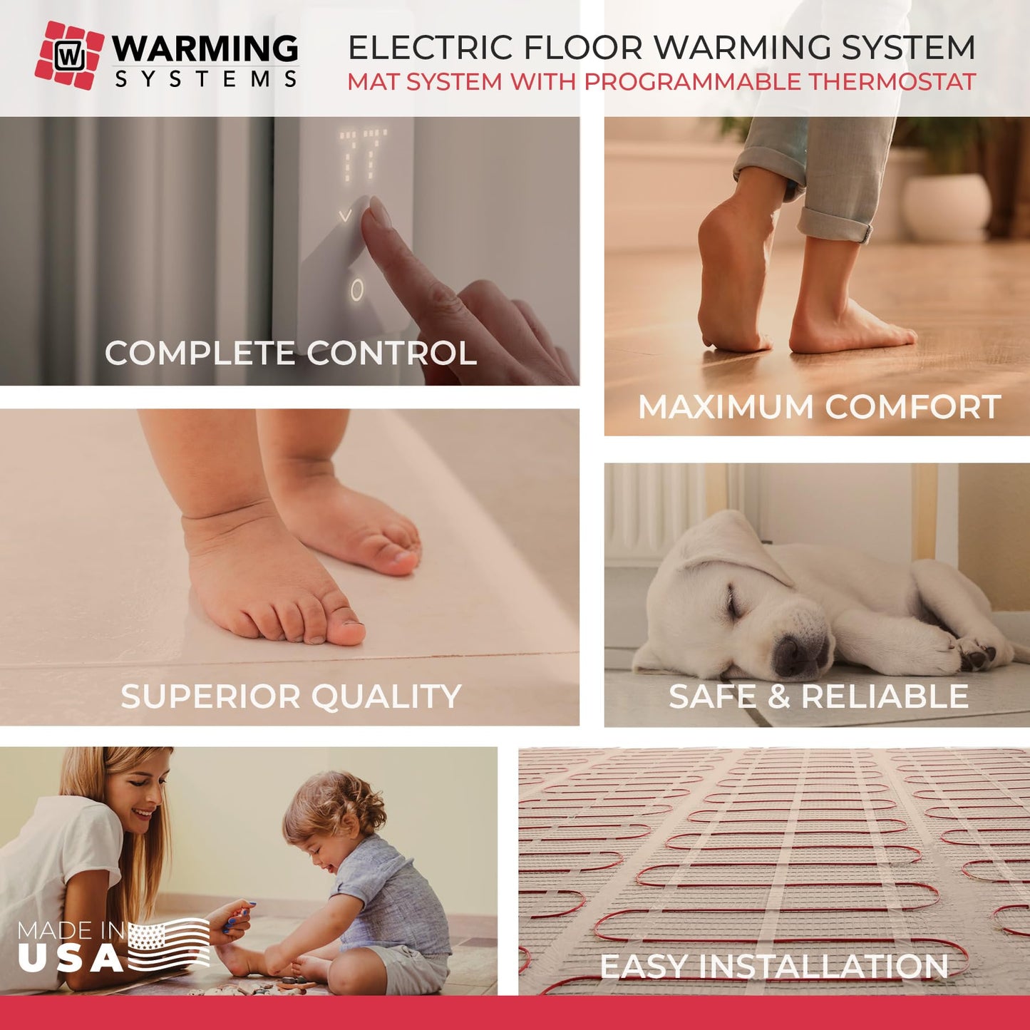 Warming Systems 80 Sqft Electric Radiant Floor Heating Mat – 120V Heated Tile Floor System with Programmable Thermostat (TH115), Floor Sensor, Installation Monitor & 25 Year Warranty, USA Made