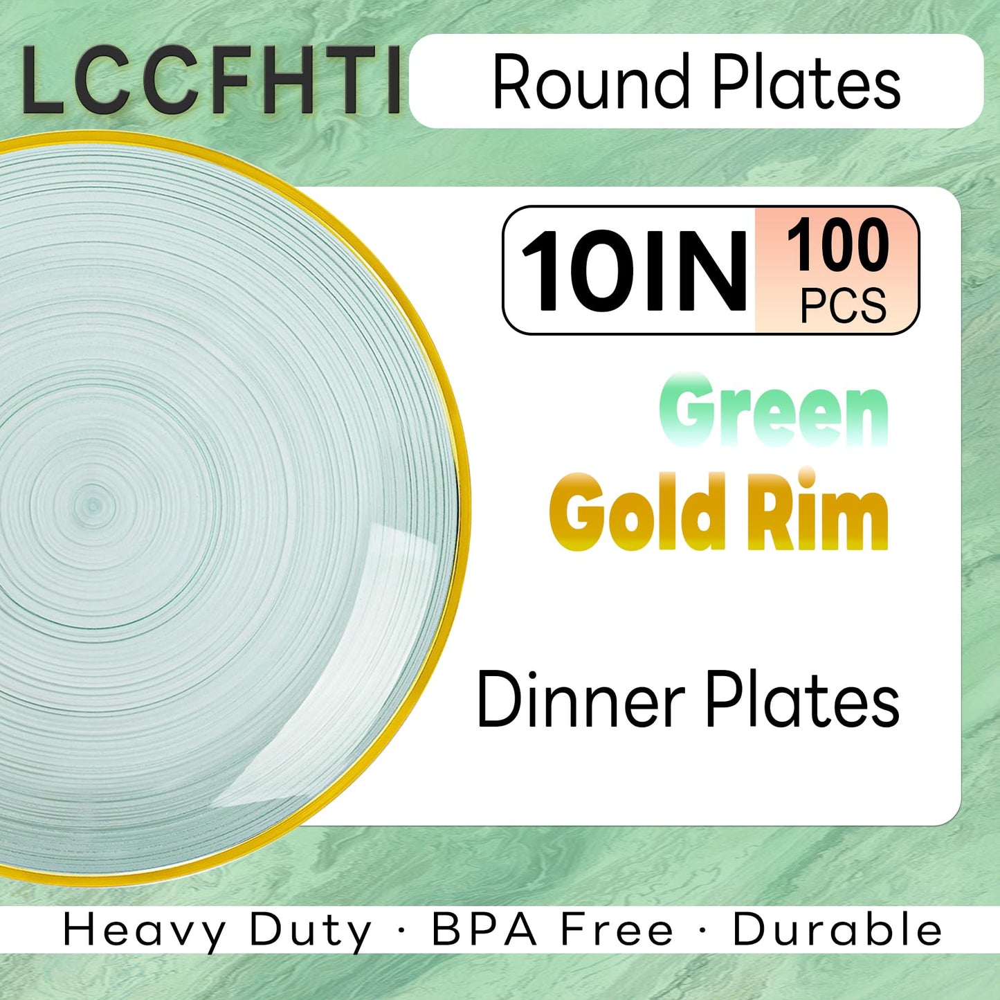 LCCFHTI 100PCS Transparent Green Gold Plastic Plates, 10 Inch Heavy Duty Disposable Dinner Plate with Gold Rim, Round Party Plates for Wedding, Party, Camping, Picnic, Birthday