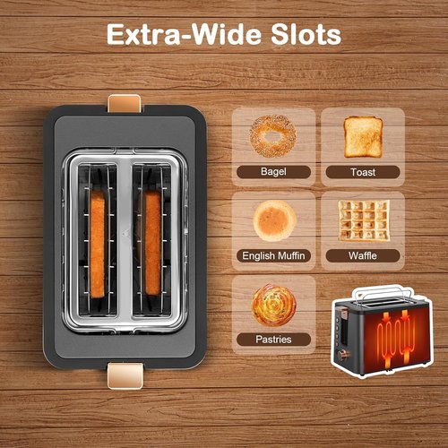 Mecity 2-Slice Toaster - Stainless Steel Body with 6 Browning Settings & Extra Wide Slots - Grey