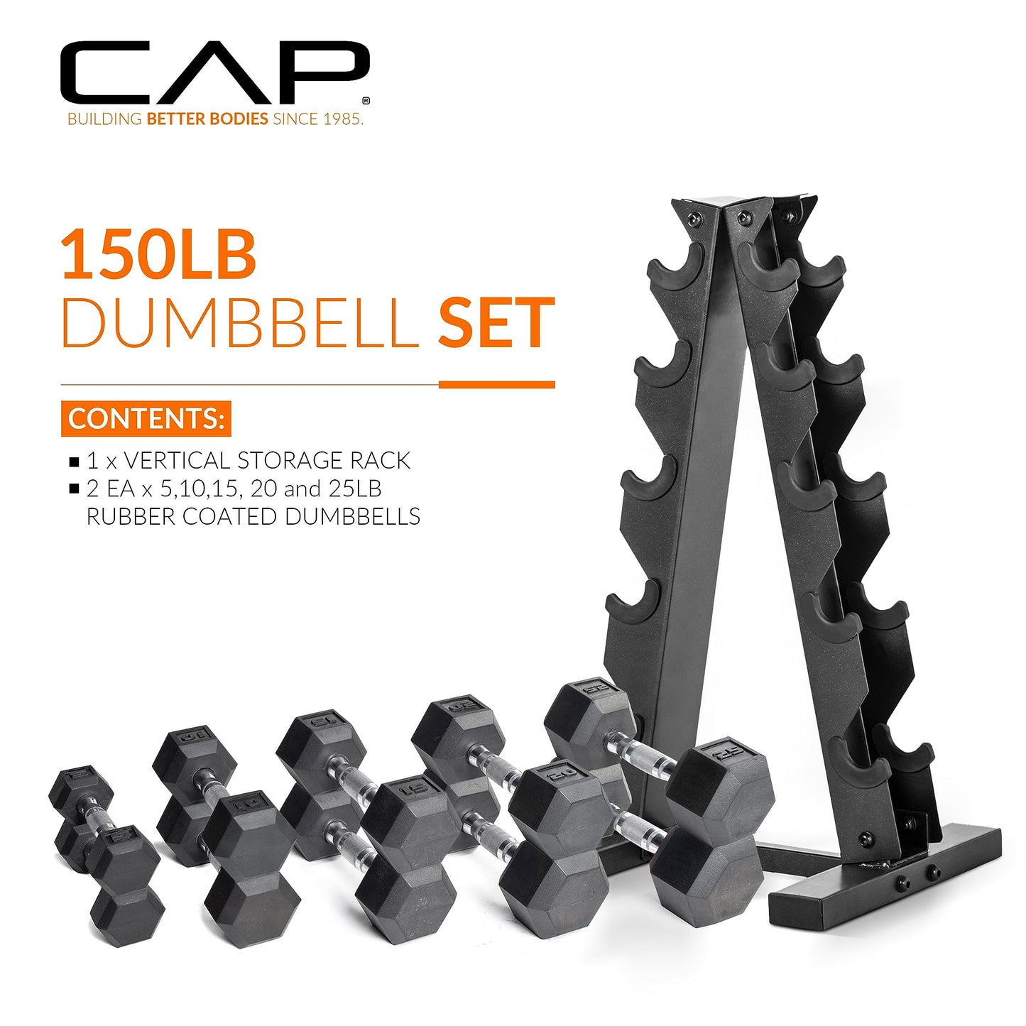 CAP 150 lb Rubber Coated Hex Dumbbell Set with Vertical Rack, Space-Saving A-Frame Storage for Home Gym Strength Training, Chrome Handle, Black Rack