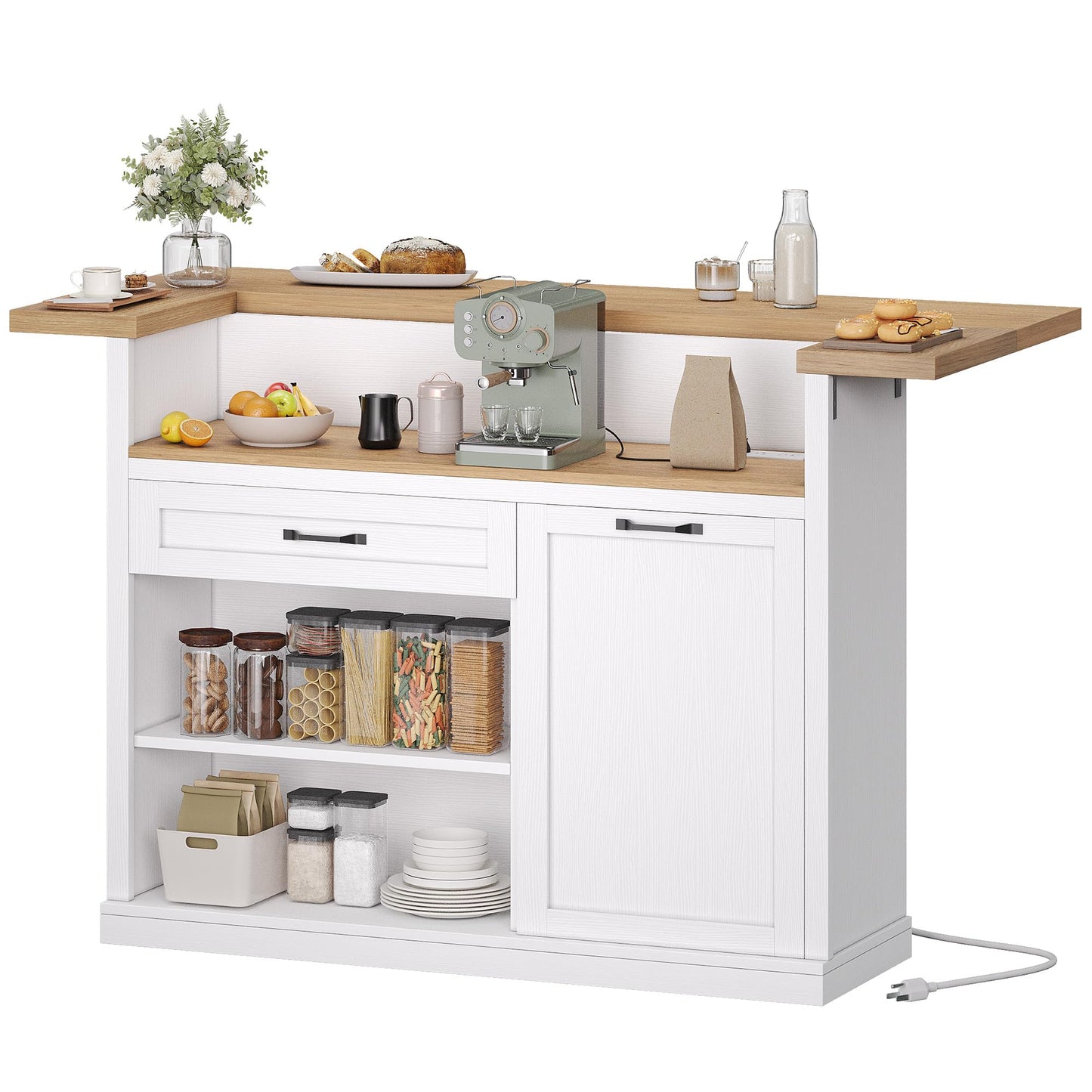 Homiflex Kitchen Island with Seating, Rolling Kitchen Islands with Storage, 55" W Large Island Table, Breakfast Bar Counter with Drop Leaf, Trash Can Cabinet, Power Outlet for Dining Room, White