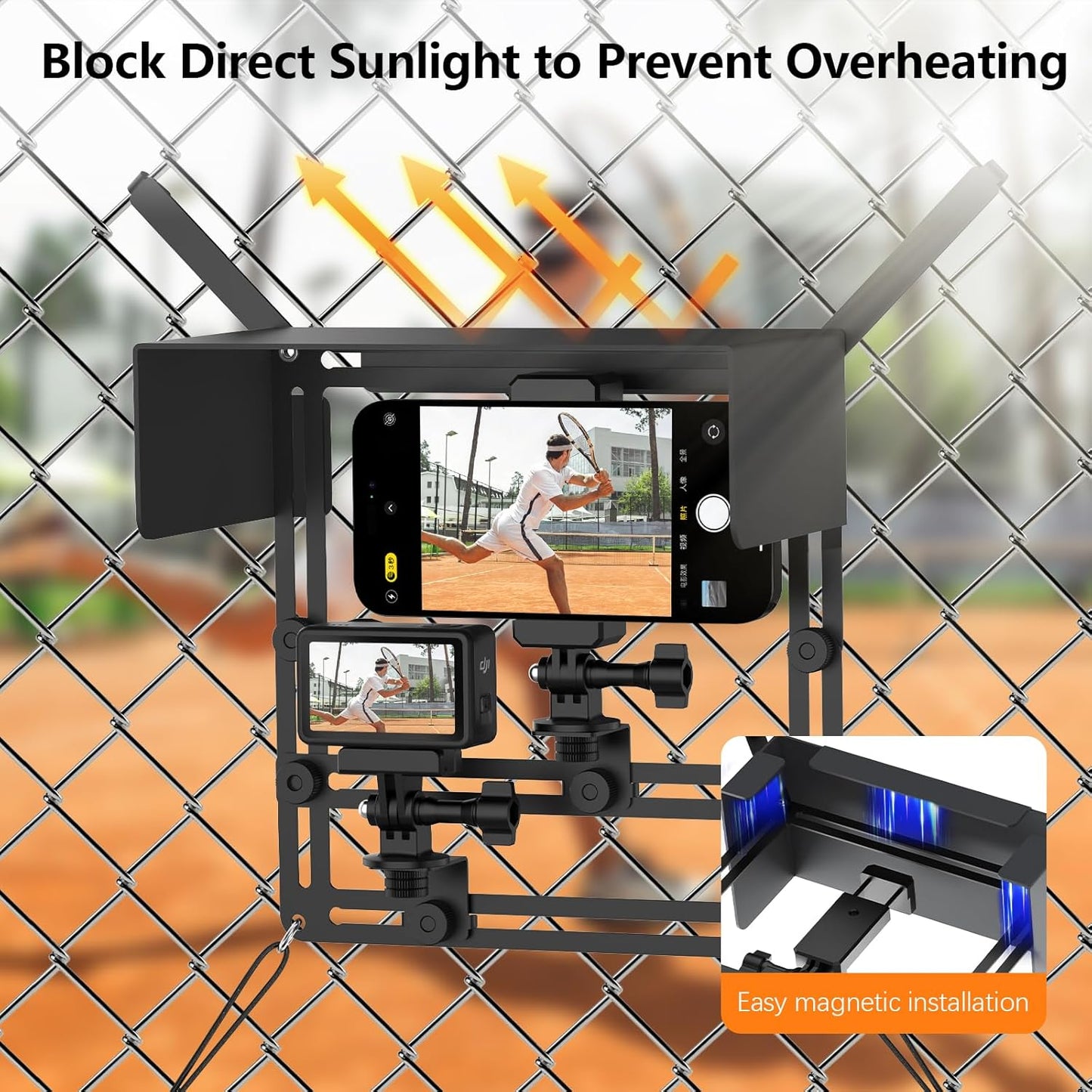 AMAZEAR Phone Fence Mount with Magnetic Shade, Action Camera Fence Mounting Kit for iPhone Samsung Mevo Start Go Pro