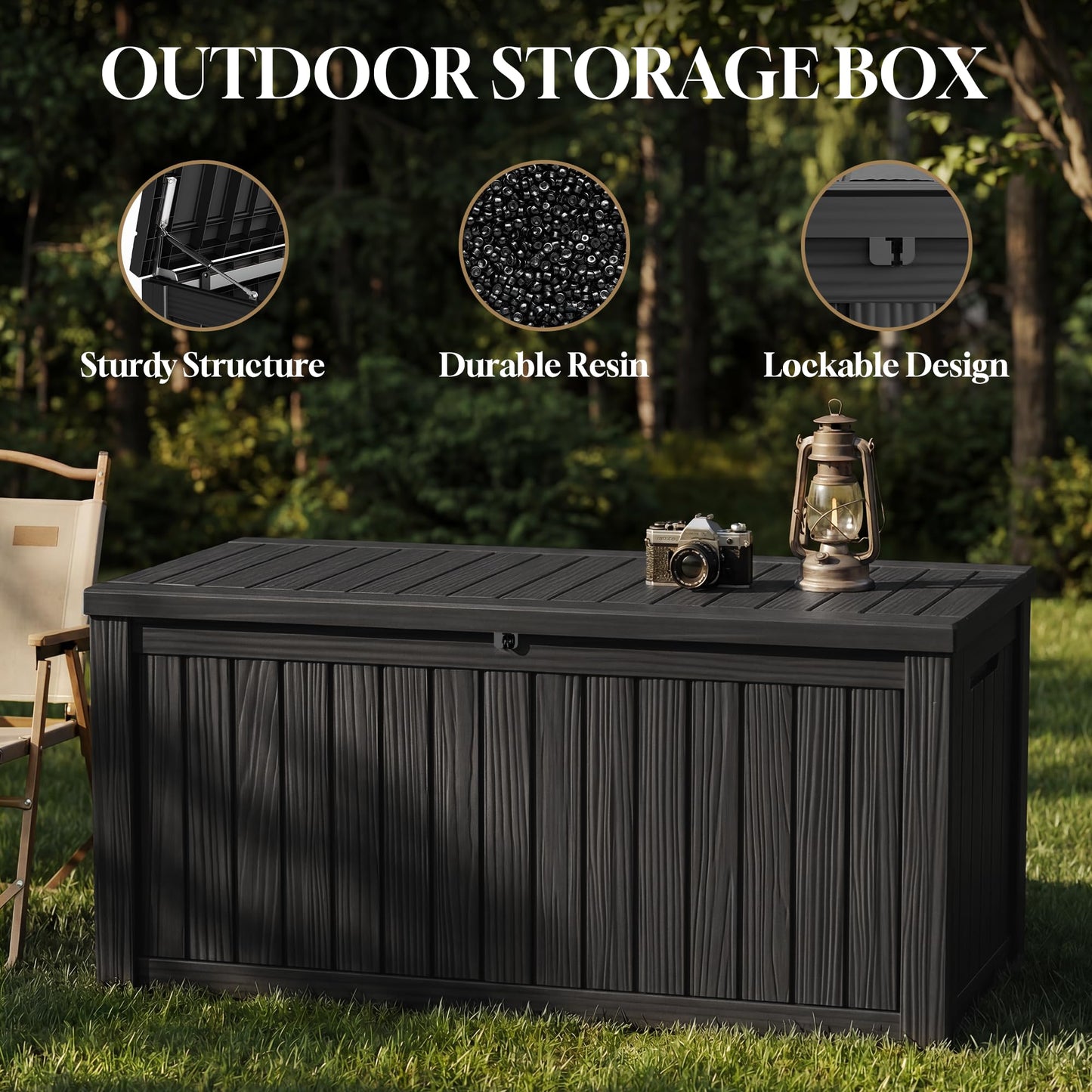 ROJIK 150 Gallon Outdoor Storage Box Waterproof,Weatherproof Deck Boxes Outdoor Lockable,Resin Outside Storage Box for Garden Tools,Cushions,Pool Accessories(Black,150 Gal)