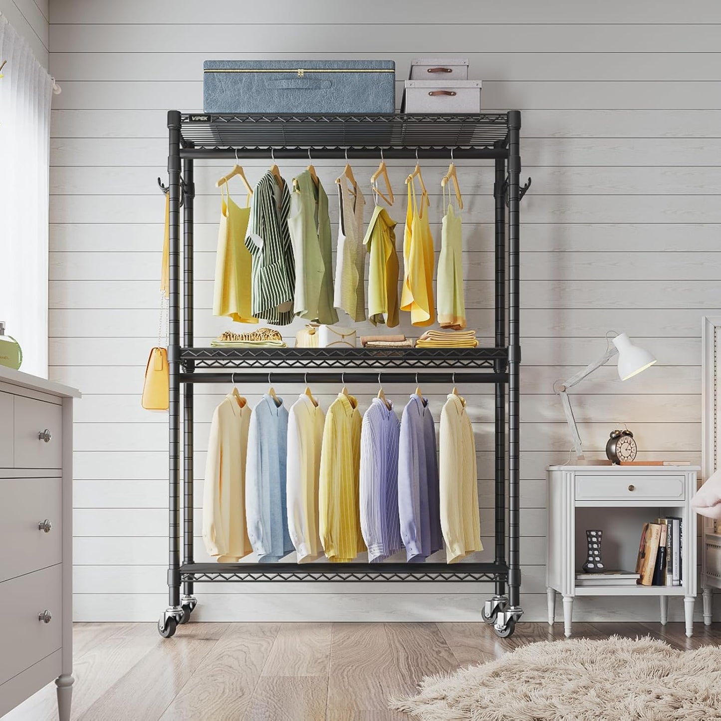 VIPEK R2 Plus Heavy Duty Garment Rack - Adjustable 3-Tier Wire Shelving with Double Rods & Hooks | Black