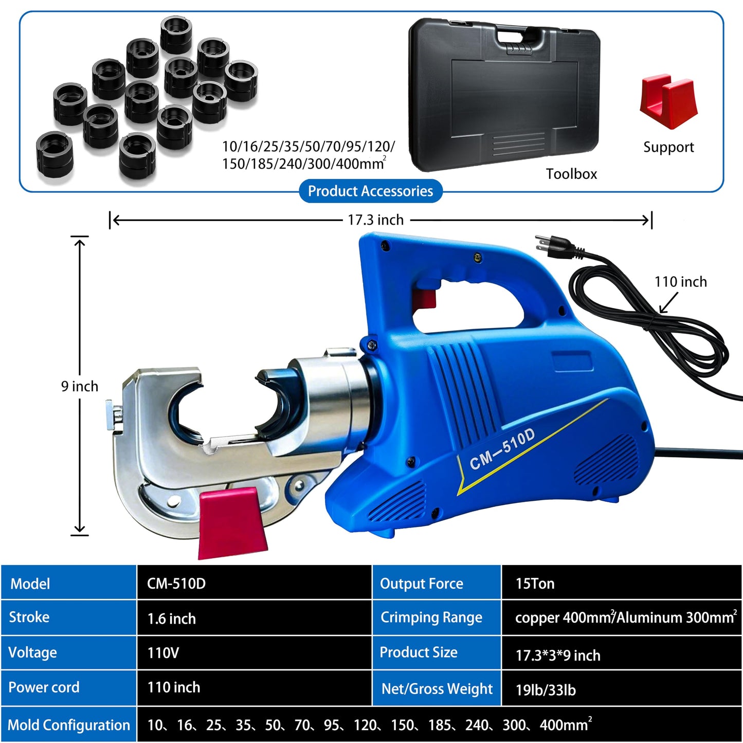 Hydraulic Crimping Tool 15Ton Electric Cable Lug Crimpers - 13 Dies (8AWG to 800MCM) Cable Wire Crimping Pliers Machine Kits with 2.8m Wire