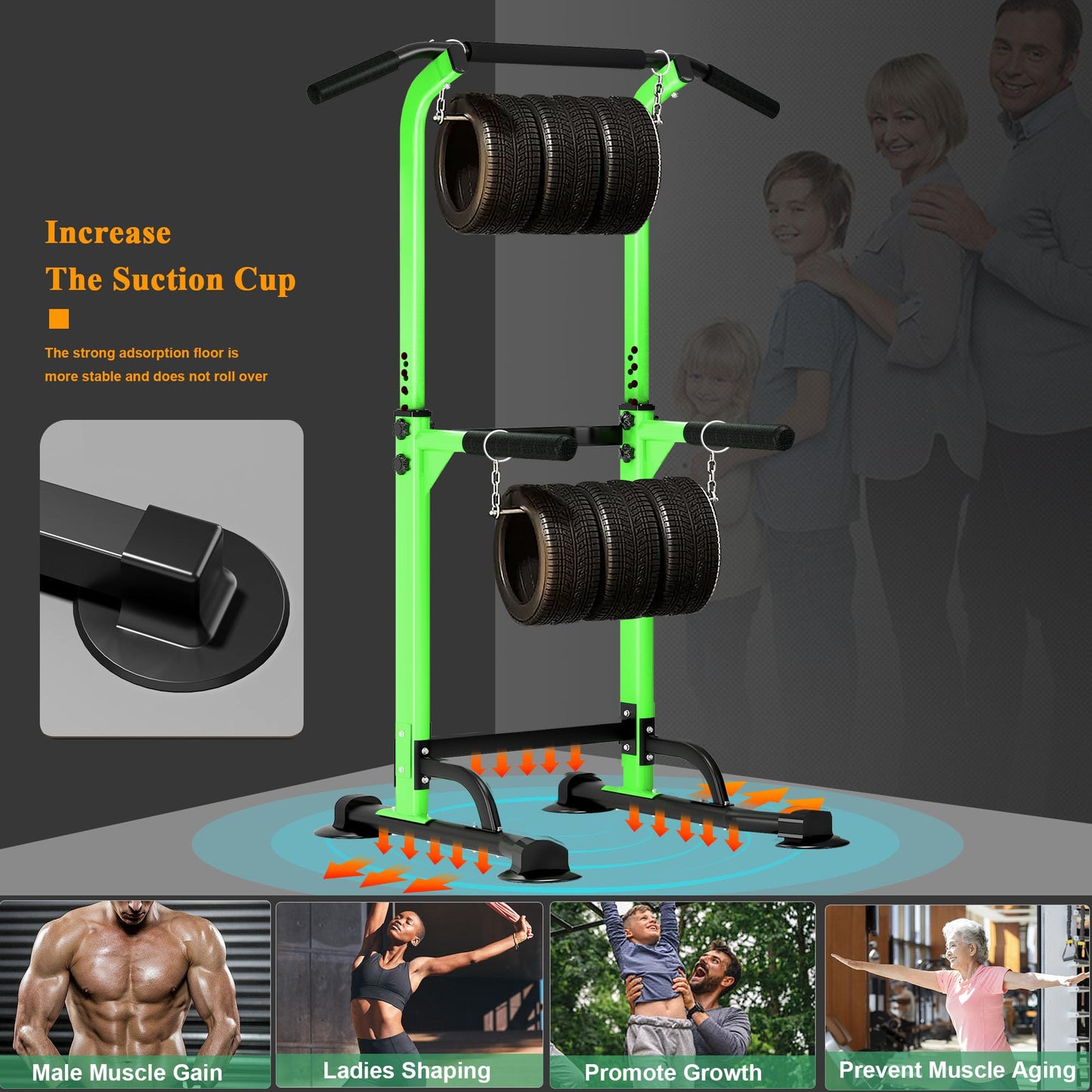 DlandHome Power Tower Dip Station Pull Up Bar for Home Gym Pull Up Bar Station Workout Equipment, Strength Training Fitness,Green