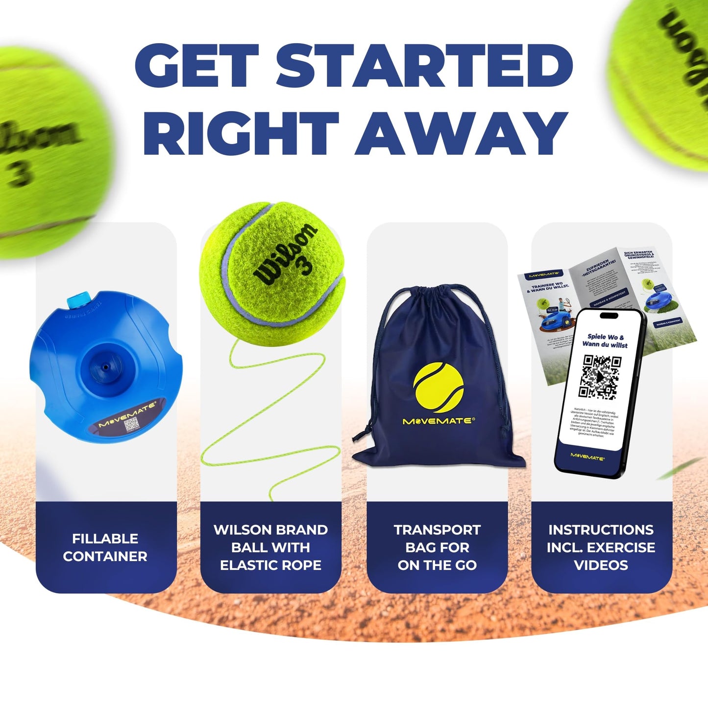 MOVEMATE Tennis-Trainer Set with Wilson® Tennis Ball | Innovative Ball Game for Outdoors, in The Garden, in The Park for Children & Adults | Incl. Transport Bag & Exercise Videos