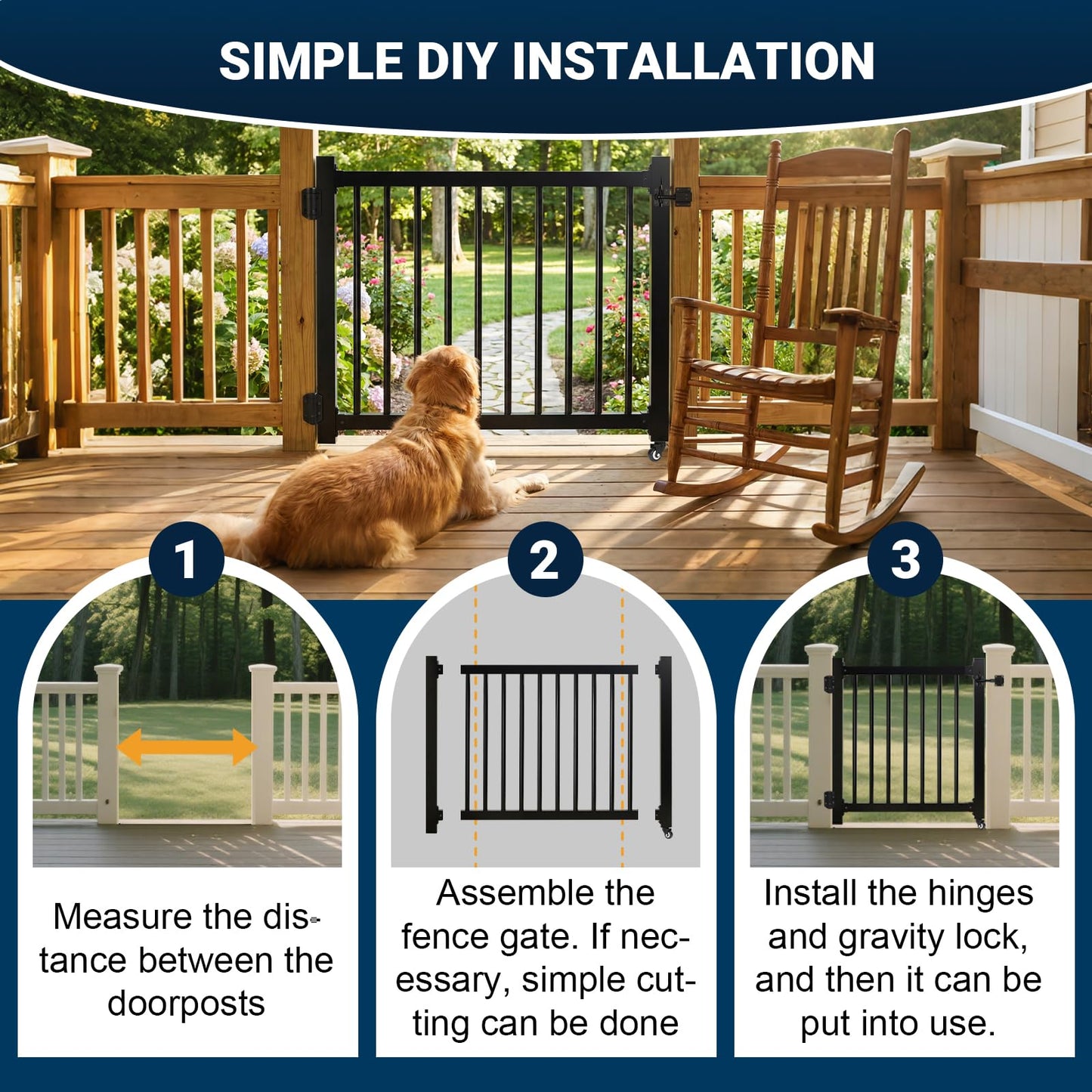 Deck Gate with Wheels, 36 x 45 Inches Auto-Closing Outdoor Railing Gate Fence Gate for H Railing, 1" Round Pipe with Latch,Cuttable Lockable for Outdoor Deck Patio