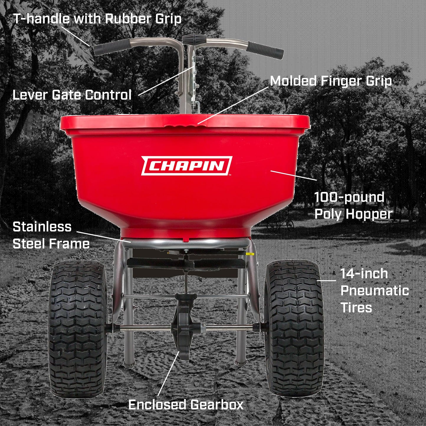 Chapin International 8400C 100 Lb. Capacity Made in USA Professional Spreader with Stainless Steel Frame, Red