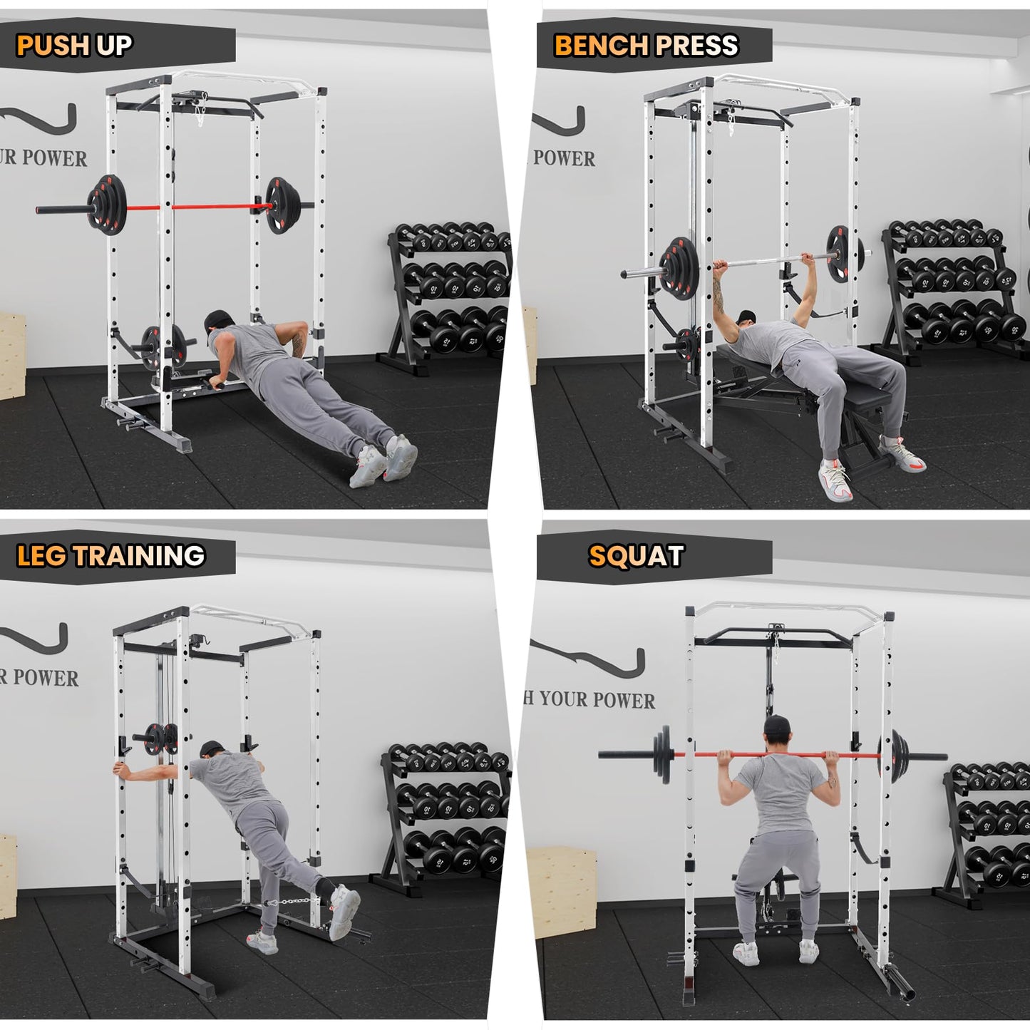 Power Cage with LAT Pulldown Machine - Squat Rack for Home Gym, Multi-Functional Weight Cage with Cable Pulley System, Dip Bars & Landmine Attachment