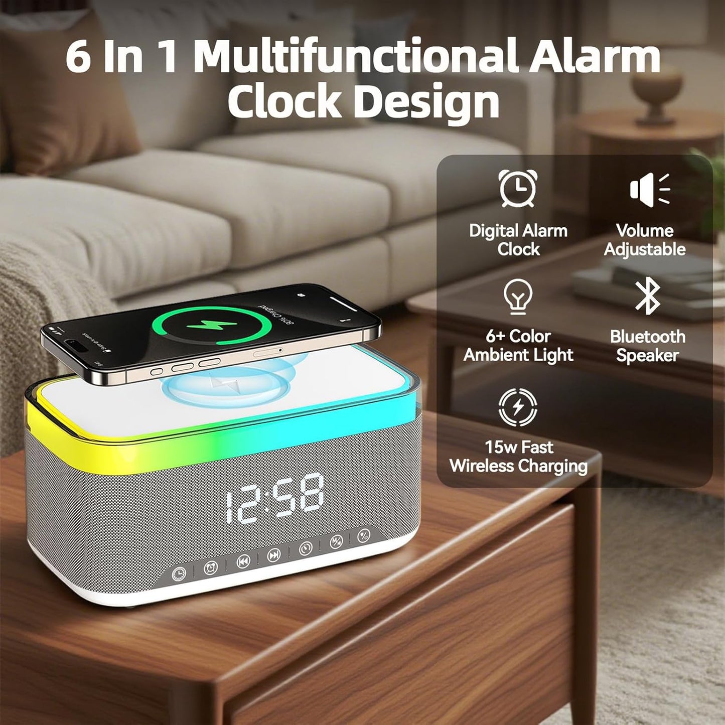 Strackvial 15W 2x10W 6 BT5.3/AUX/TF/USB, Bluetooth Speaker with Wireless Charging & Digital Clock, LED Display, Qi