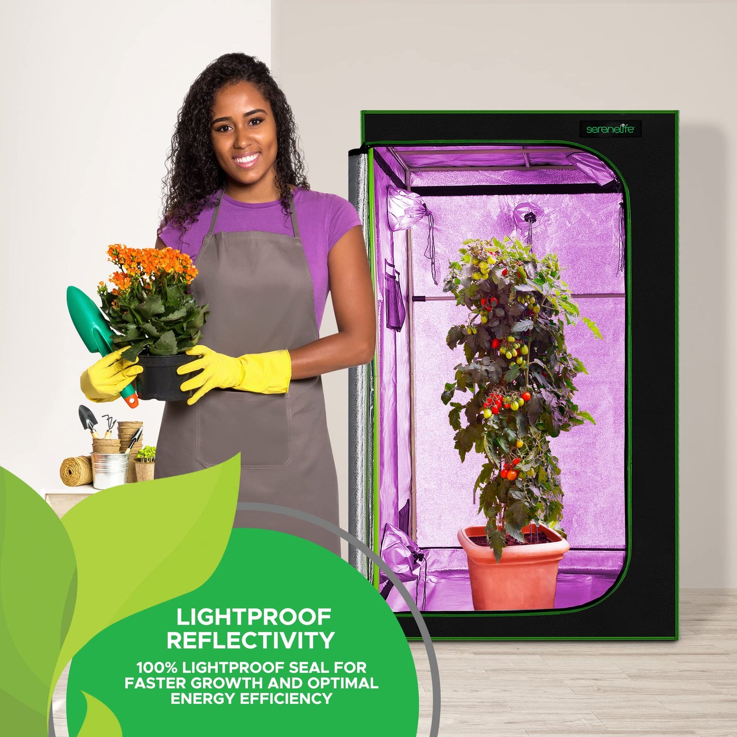 SereneLifeHome Medium Hydroponic Grow Tent Garden-48'' x 48'' x 80'' Indoor Plant Growing System w/Durable Reflective 600D Mylar,Observation Window-Includes Removable Floor Tray,Black,Green,SLGT48M