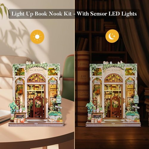 Fsolis Book Nook Kit - 3D Wooden Puzzle for Adults | 196 Pcs DIY Miniature House - Green Life's Bookshop Design