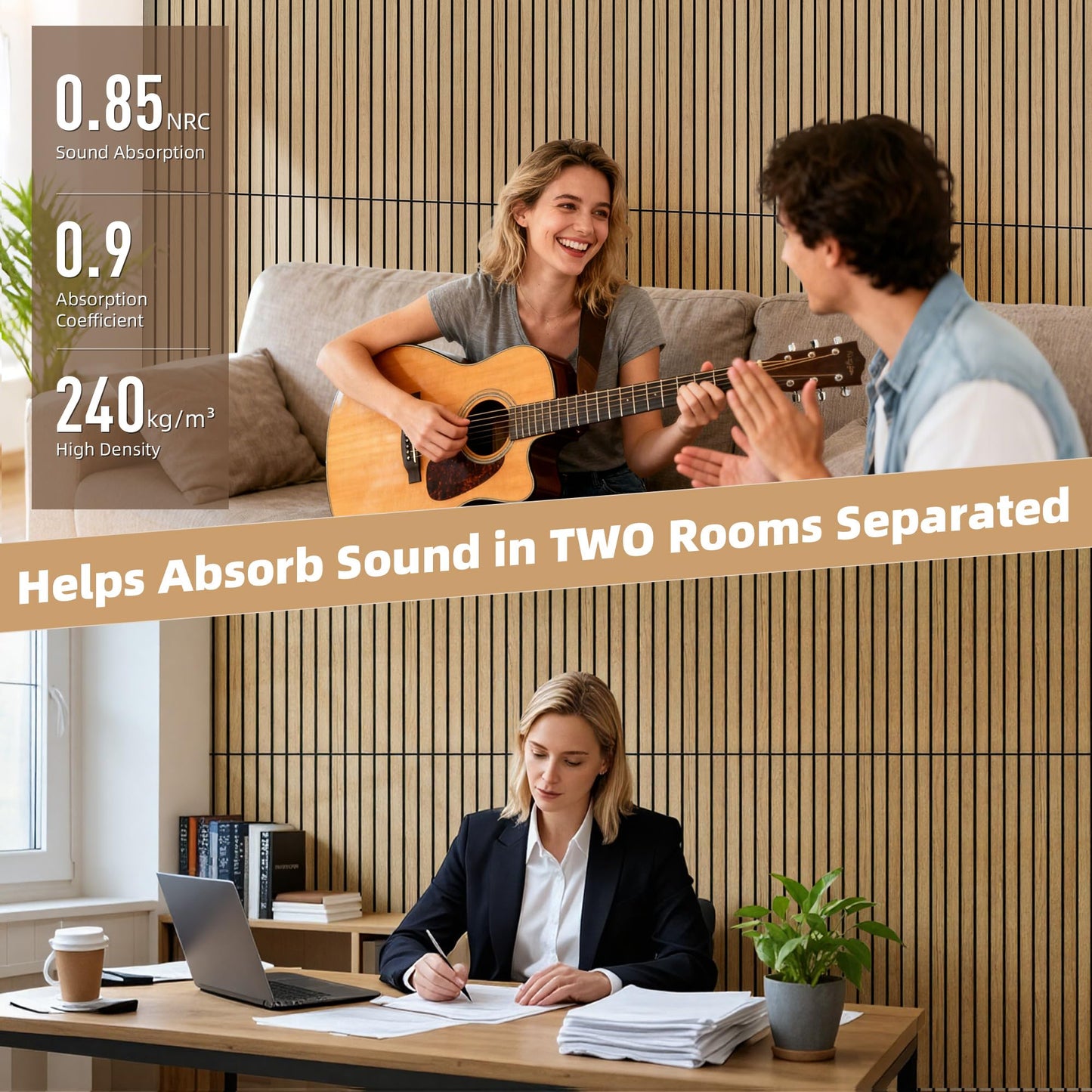 TO-TH Wood-Look Acoustic Wall Panels, 10 Pack 47.2” x 23.6” Sound Panels, Decorative Wood Panels for Wall Sound Dampening Panels for Home, Office, Basement, Teak with Mitered Edges