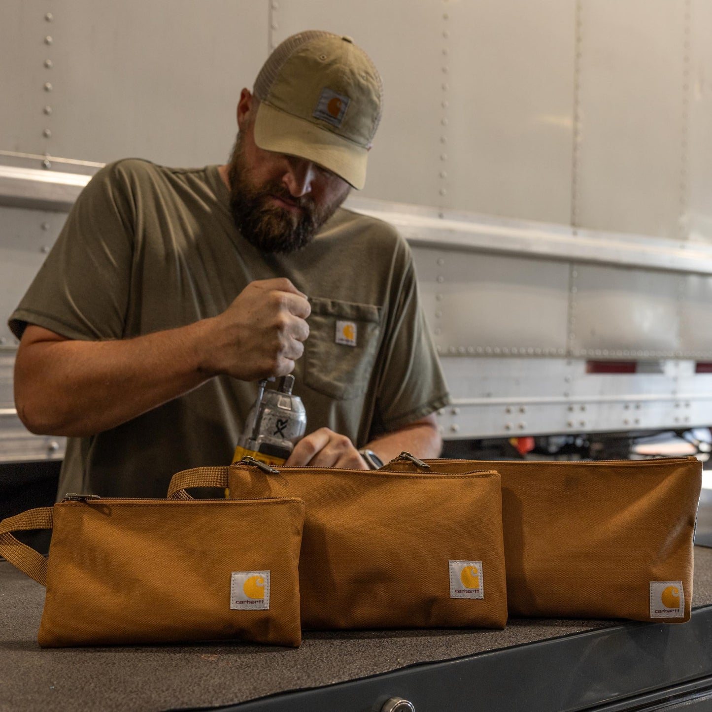 Carhartt Utility Zipper Pouch Set, Durable Water Repellent Organizers Sold in Sets of Three, Carhartt Brown/Black/Greenstone