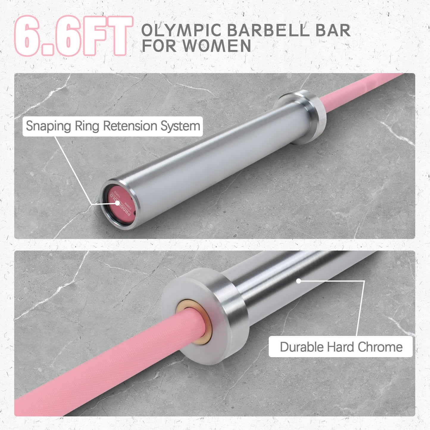 PROOFGOLD 6.6ft Olympic Barbell Bar,35Lb(15kg) Womens Barbell,Bench Press Bar for Squats and Deadlifts,2 Inch Olympic Weight Bar for Home Gym,500LB,Silver&Pink