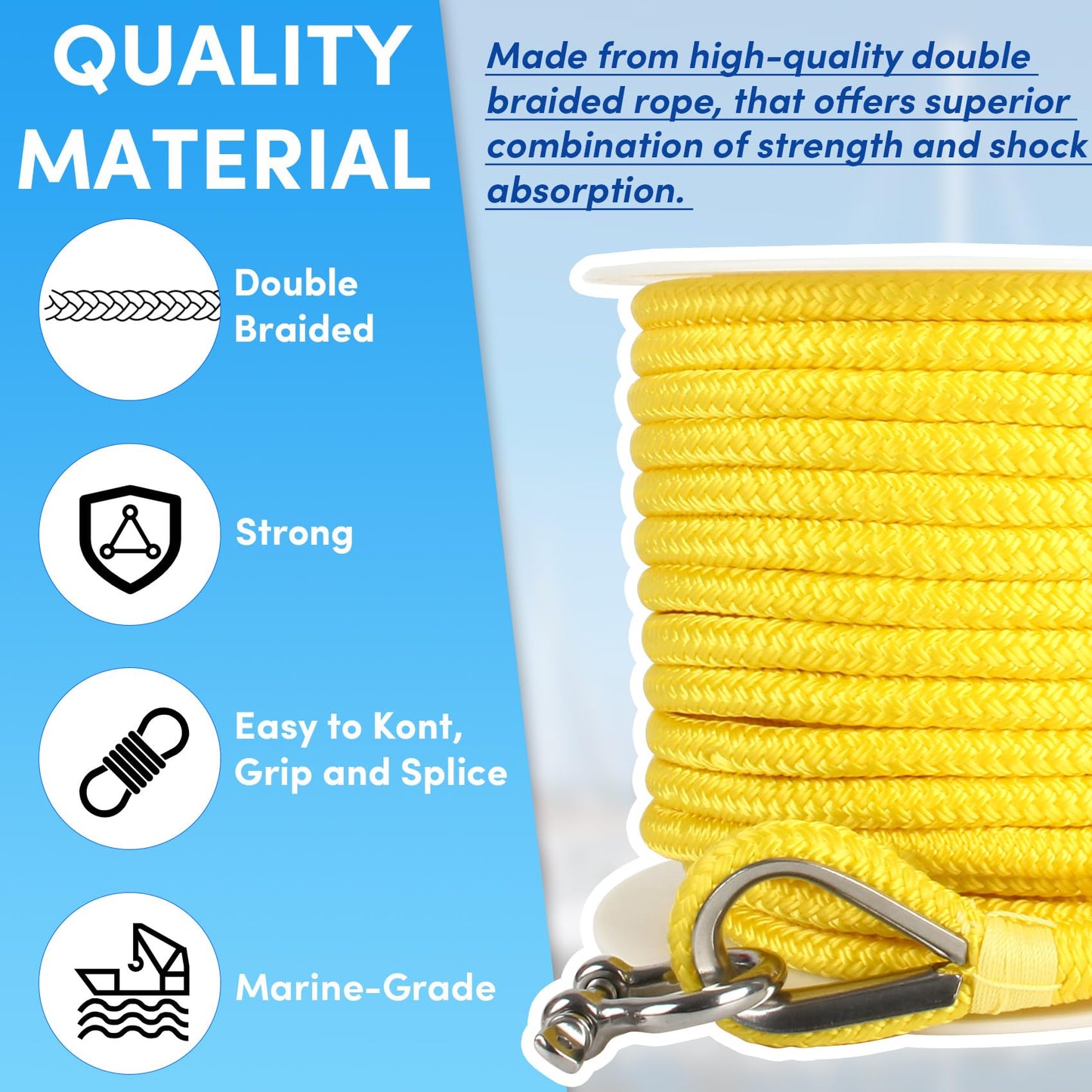 VEITHI Boat Anchor Rope 100 ft x 1/2 inch Yellow, Double Braided Anchor Line with Stainless Steel Thimble & Shackle, Marine Rope Ideal for Towing,Mooring,Decks,Anchoring,for Boats Up to 35'