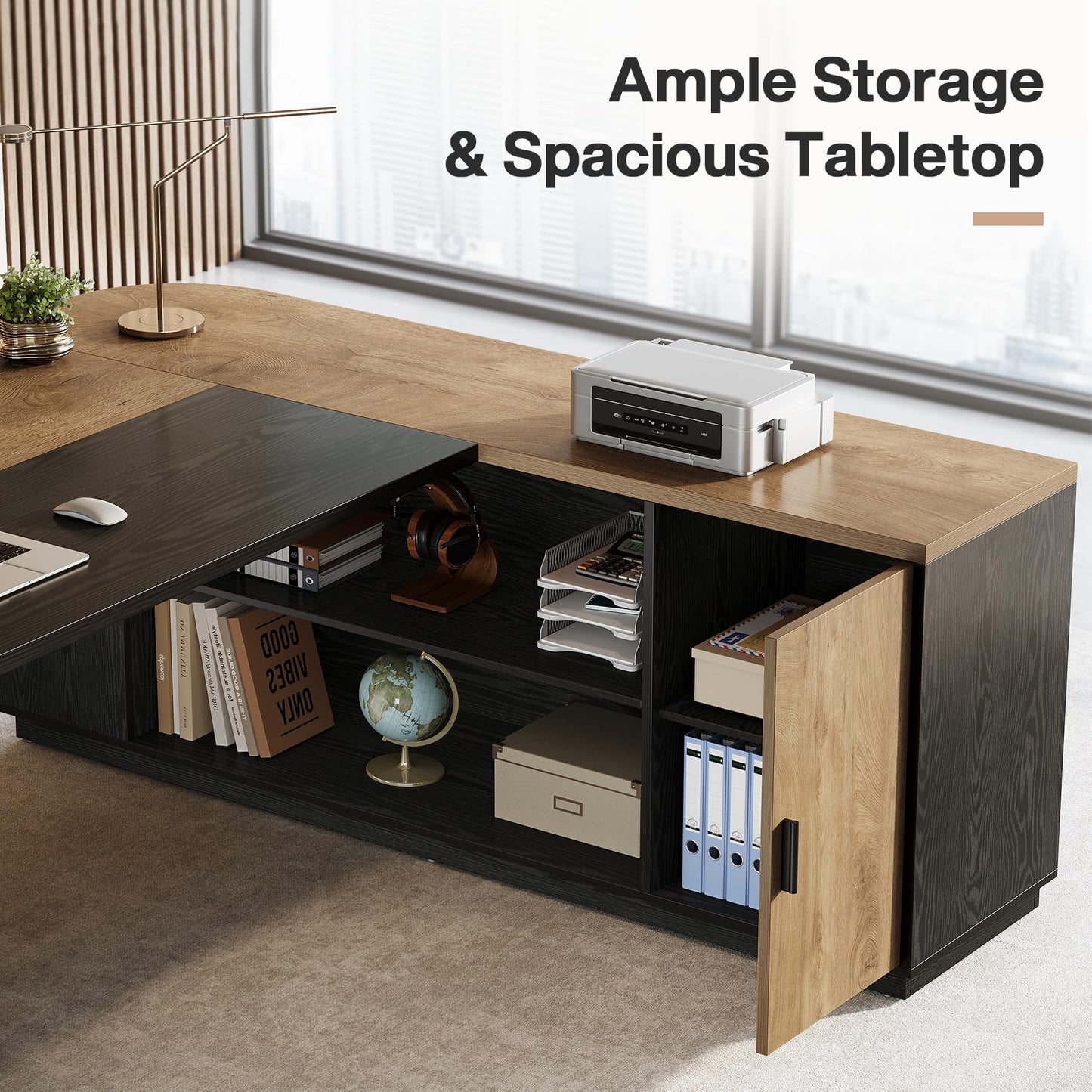 Tribesigns 79-Inch Executive Desk, Large Office Desk with Cabinet, L-Shaped Compter Desk with Storage Shelves, Writing Table for Home Office, Natural Oak and Black