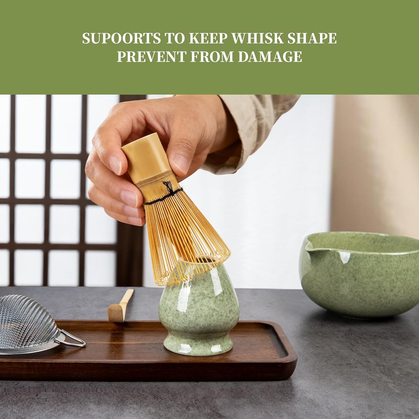 YIBO Matcha Whisk Set - Complete Ceramic Matcha Making Kit with Bamboo Whisk, Bowl & Tools | Mottled Green