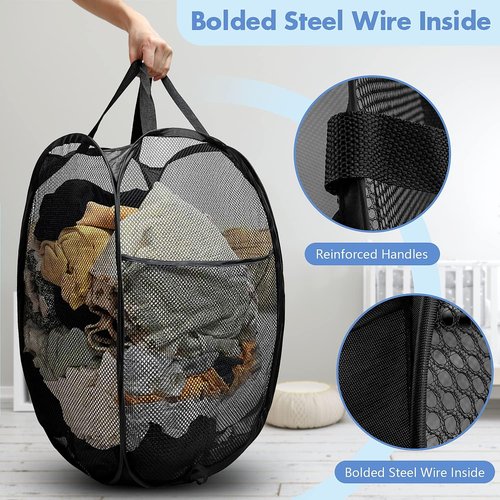 DUCOO 70L Collapsible Laundry Hamper - Foldable Mesh Basket with Side Pocket & Sturdy Handles | Black