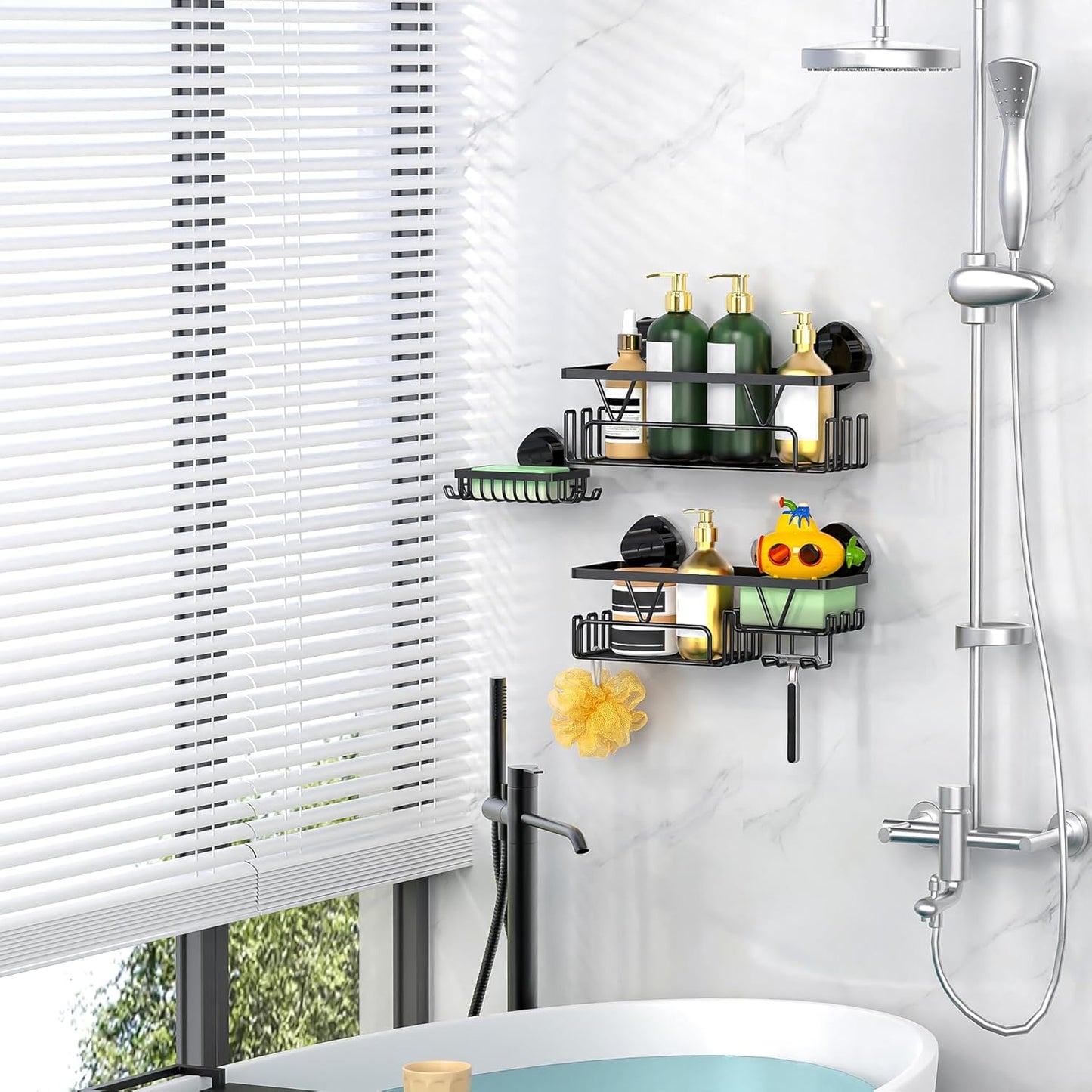 ZUNTO Suction Cup Shower Caddy | 3-Piece Reusable Shelf Organizers with Soap Holder & Hooks - No Drilling