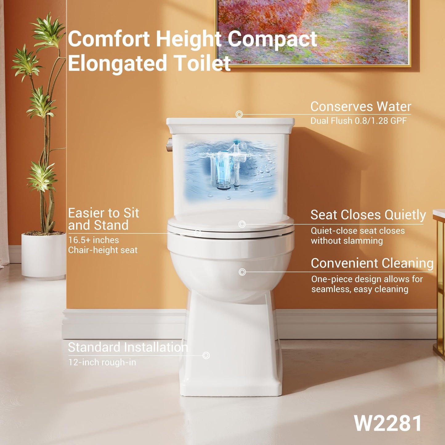 One-Piece Toilet with Elongated Bowl, 1.28 GPF Water-Saving Single Flush, 12-Inch Rough-in, Soft-Close Seat, Left-Hand Lever, Comfortable Height, Bathroom Fixture