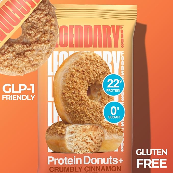 Legendary Foods 22gr Protein Donuts - Crumbly Cinnamon 8x (2 Donuts per Pack), High Protein, Zero Sugar, Gluten Free, Low Carb, Keto Friendly Snack, Healthy Donut for GLP-1, Diabetic, Bariatric Diets