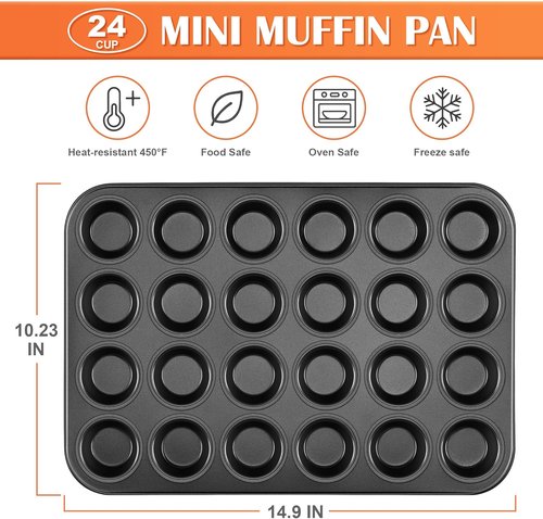 E-far Mini Muffin Pan - 24-Cup Nonstick Carbon Steel Bakeware for Perfect Muffins & Cupcakes | Oven Safe