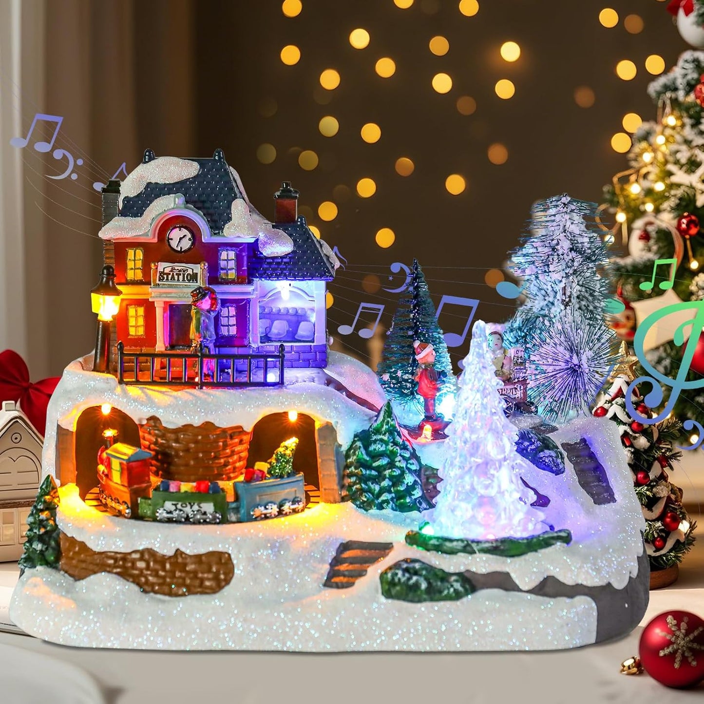 Wonder Garden Christmas Village Houses - Lighted Musical Railway Station with Moving Train & Animated Figurines for Indoor Decor