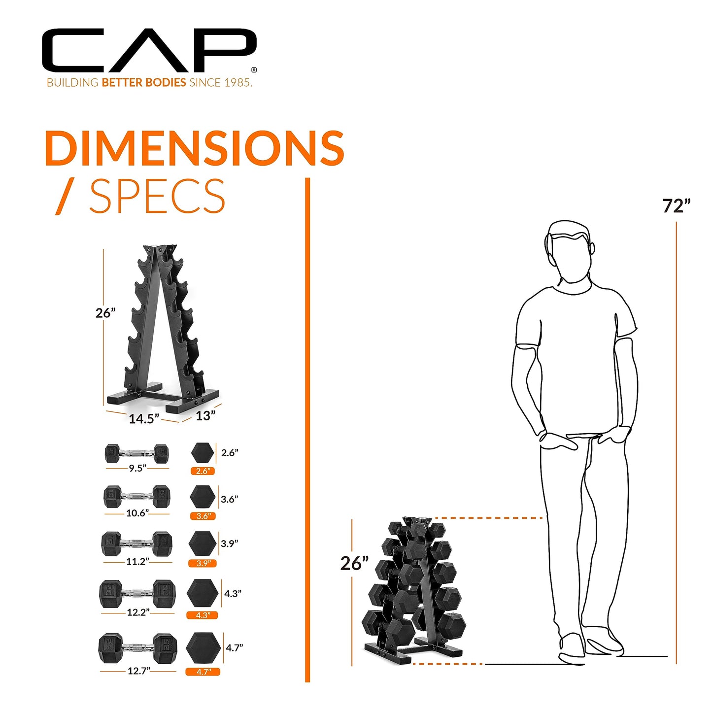 CAP 150 LB Rubber Coated Hex Dumbbell Hand Weight Set with Vertical Storage Rack - Chrome Handle | Red Rack