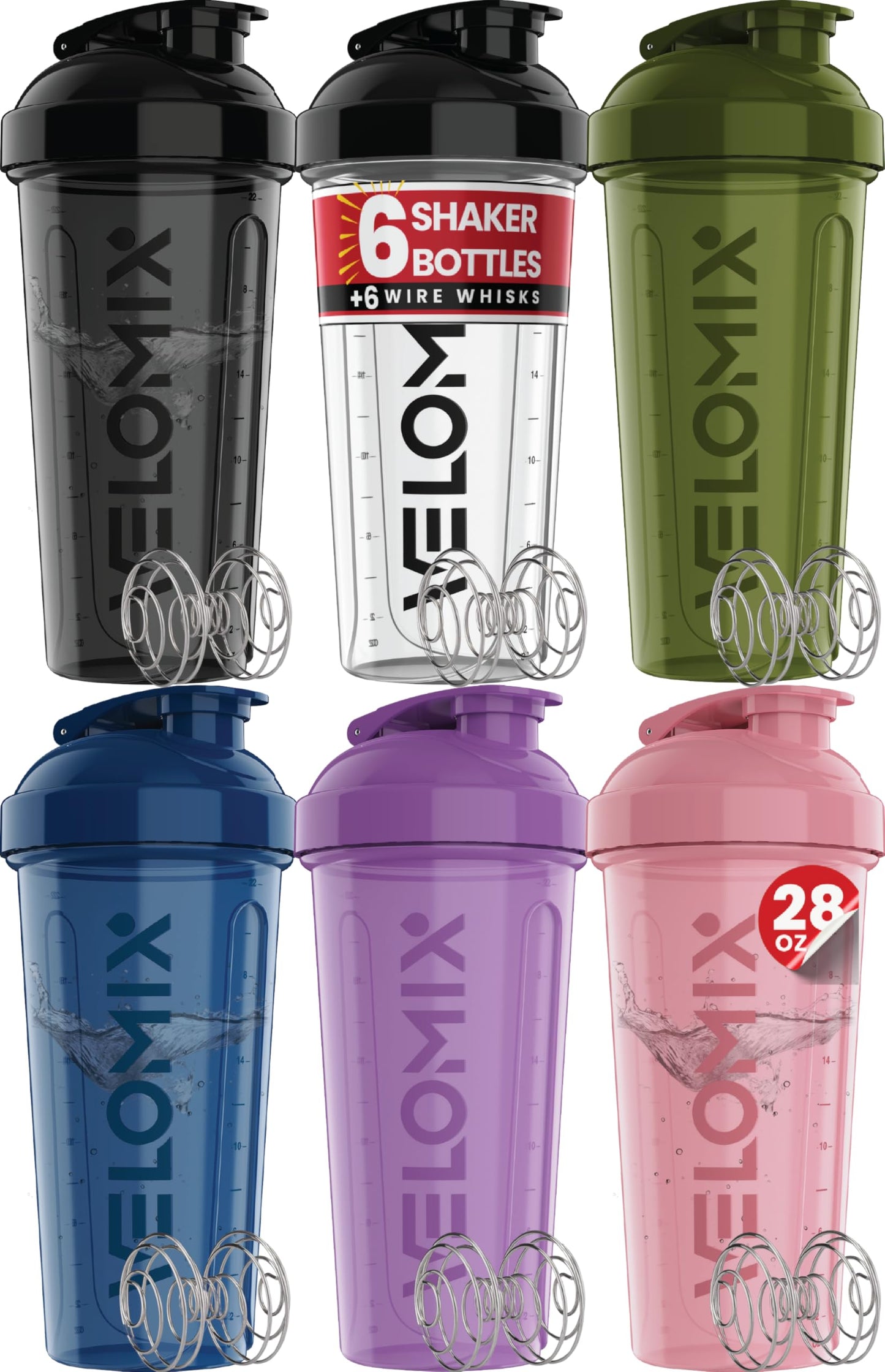 VELOMIX -6 PACK- 28 oz Protein Shaker Bottle for Protein Mixes -6x Wire Whisk | Leak Proof Shaker Cups for Protein Shakes | Large, Stackable Protein Shaker Bottle Pack