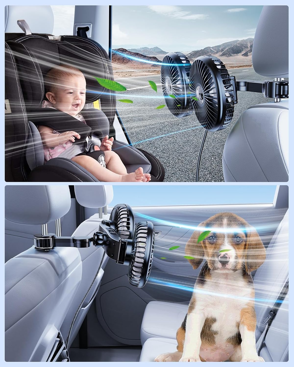 360 3 Car Fan for Back Seat [Comes with Car Charger] Degree Rotatable USB Car Seat Fan for Baby Rear Facing - Speeds
