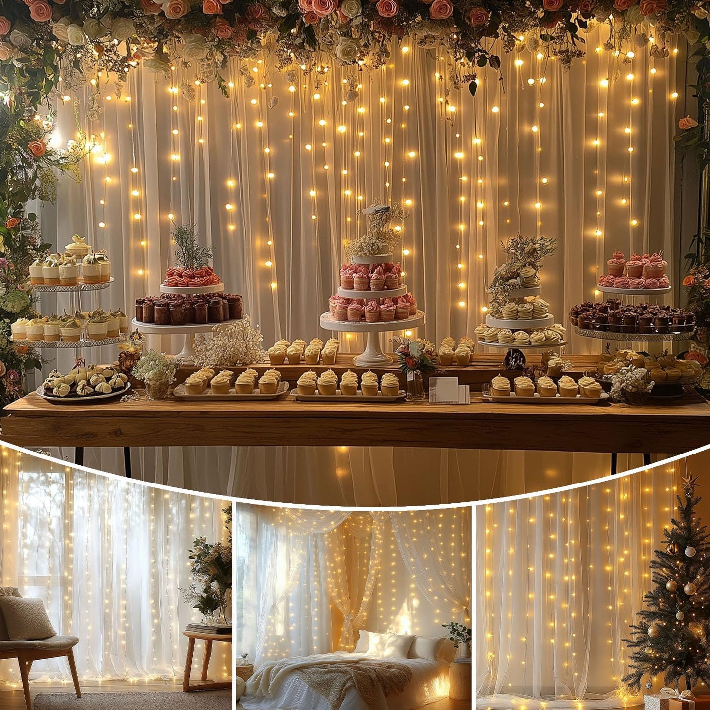 EMHOLDBU 10x8ft (2 White Tulle Backdrop Curtain with Lights String Sheer Drapes for Wedding, Birthday, Baby Shower