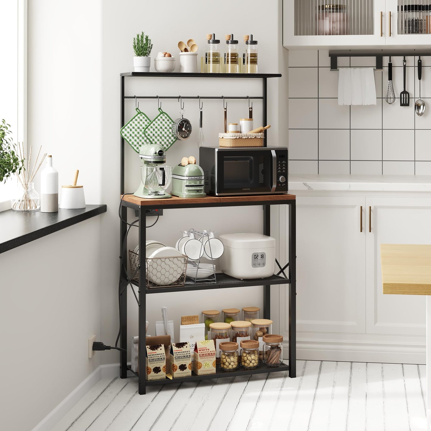 Txecpro kitchen Bakers Rack with Power Outlet, Coffee Bar Table 4 Tiers, Microwave Stand with 6 S-shaped Hooks, Kitchen Storage Shelf Rack for Spices, Pots and Pans，25.6" L x 12" W x 53.5" H