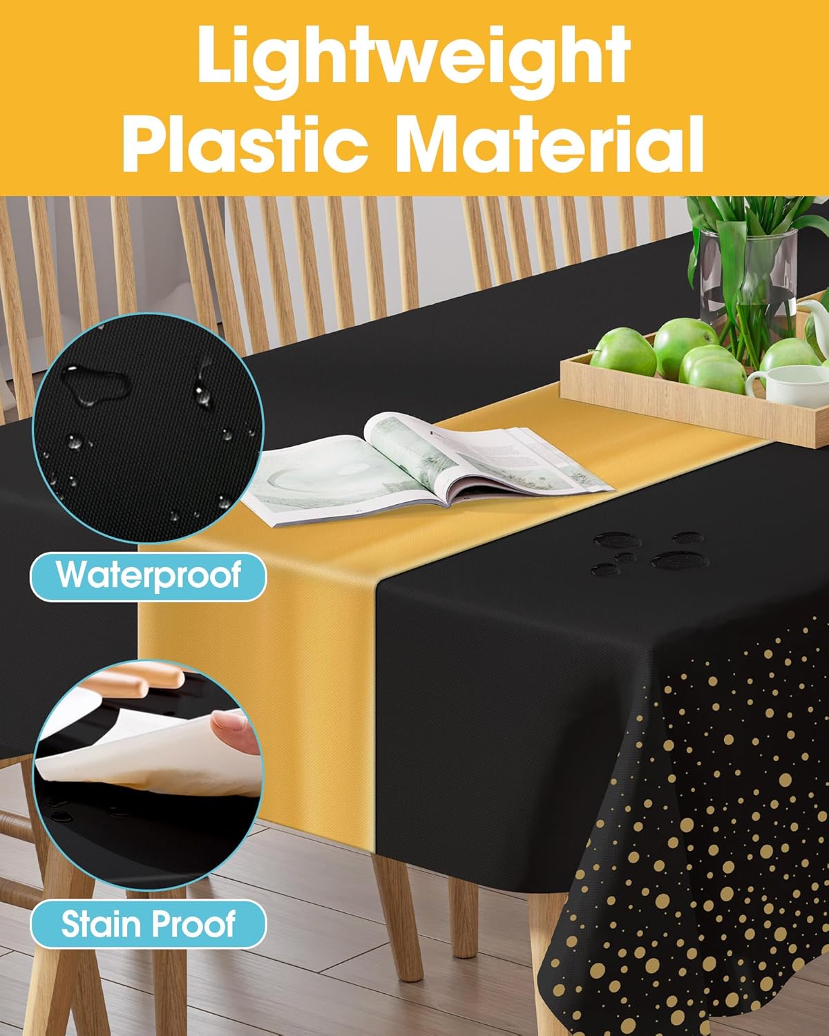 Niuara Table Cloth Set - Black and Gold Disposable Rectangle Table Covers | 3 Tablecloths + 3 Runners for Events