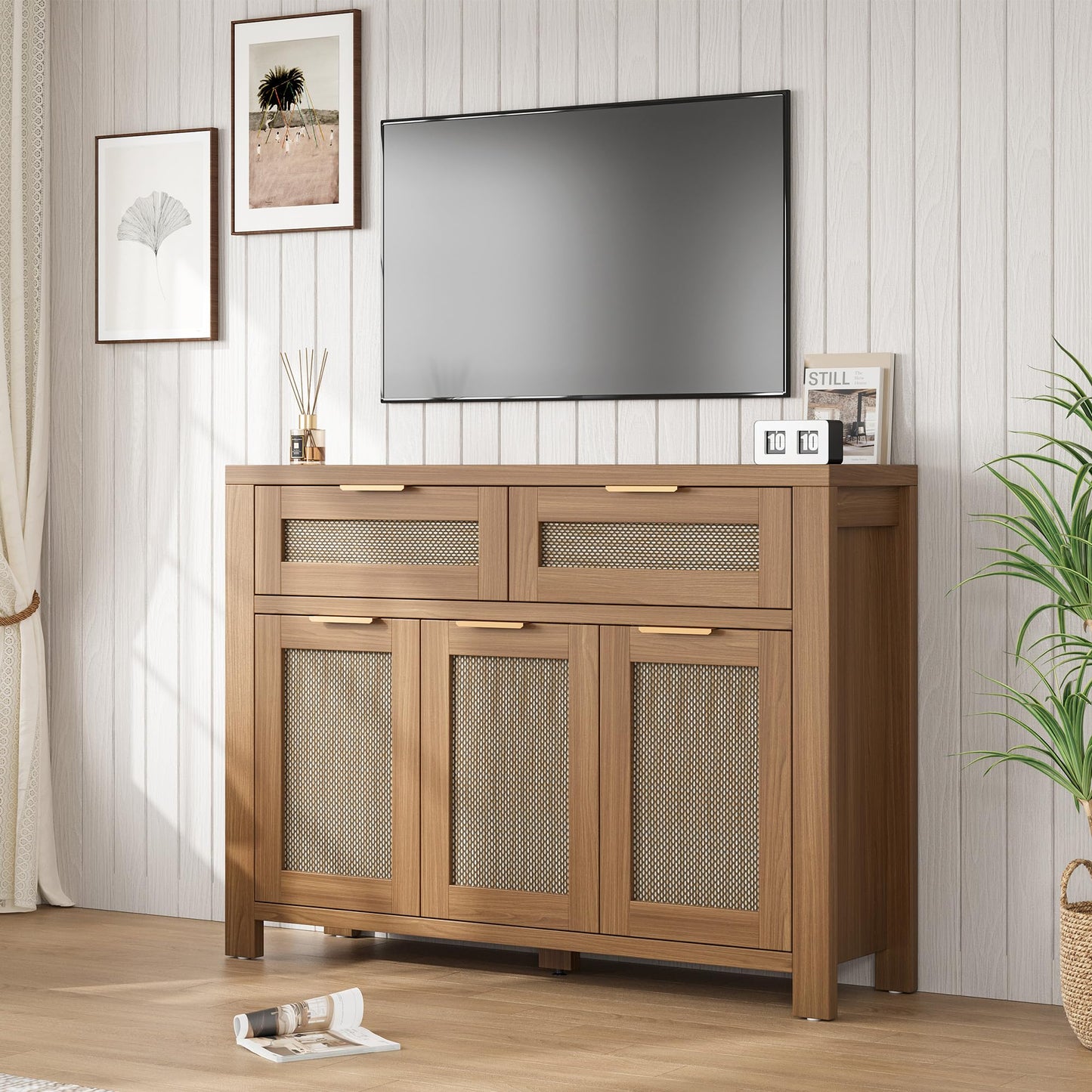 Garvee Rattan Buffet Cabinet, Boho Sideboard with 2 Drawers, Adjustable Shelf, High-Leg Storage Cabinet with Anti-Tip Hardware,for Kitchen,Dining Room,Entryway,Living Room, Light/Dark Oak