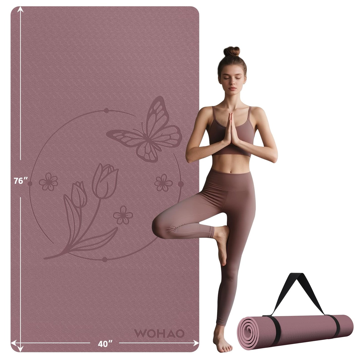 WOHAO Large 76"x40"x0.4" Yoga Mat - Extra Width & Thick Non-Slip Exercise Mat, Versatile for Stretching, Yoga Studio, Gym, Home & Indoor/Outdoor Workouts (Dull Pink)