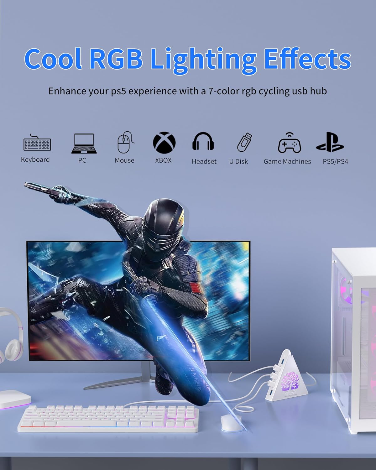 JoyReken 7-Port 3.0 5Gbps 2FT USB Hub, White Vertical USB Hub Splitter with Tree-Shaped RGB Lighting, High-Speed