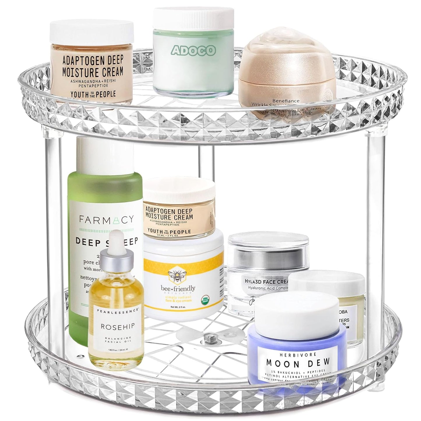 Skiennix 2-Tier Diamond Lazy Susan Bathroom Organizer - 360° Rotating Clear Makeup & Skincare Storage | 9.25 Inch