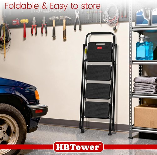 HBTower Step Ladder - Foldable 4-Step Stool with Wide Anti-Slip Pedal for Safe Home Use
