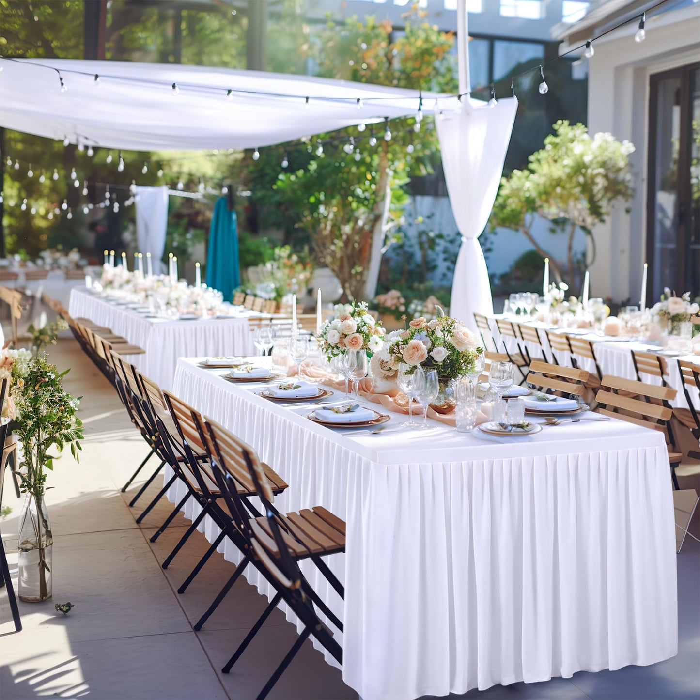Party Talk White Polyester Table Clothes for 4 Foot Rectangle Tables, Wrinkle Free Fitted Table Cover 4ft Stretch Tablecloths with Skirt for Parties Weddings Birthday Banquet Baby Shower