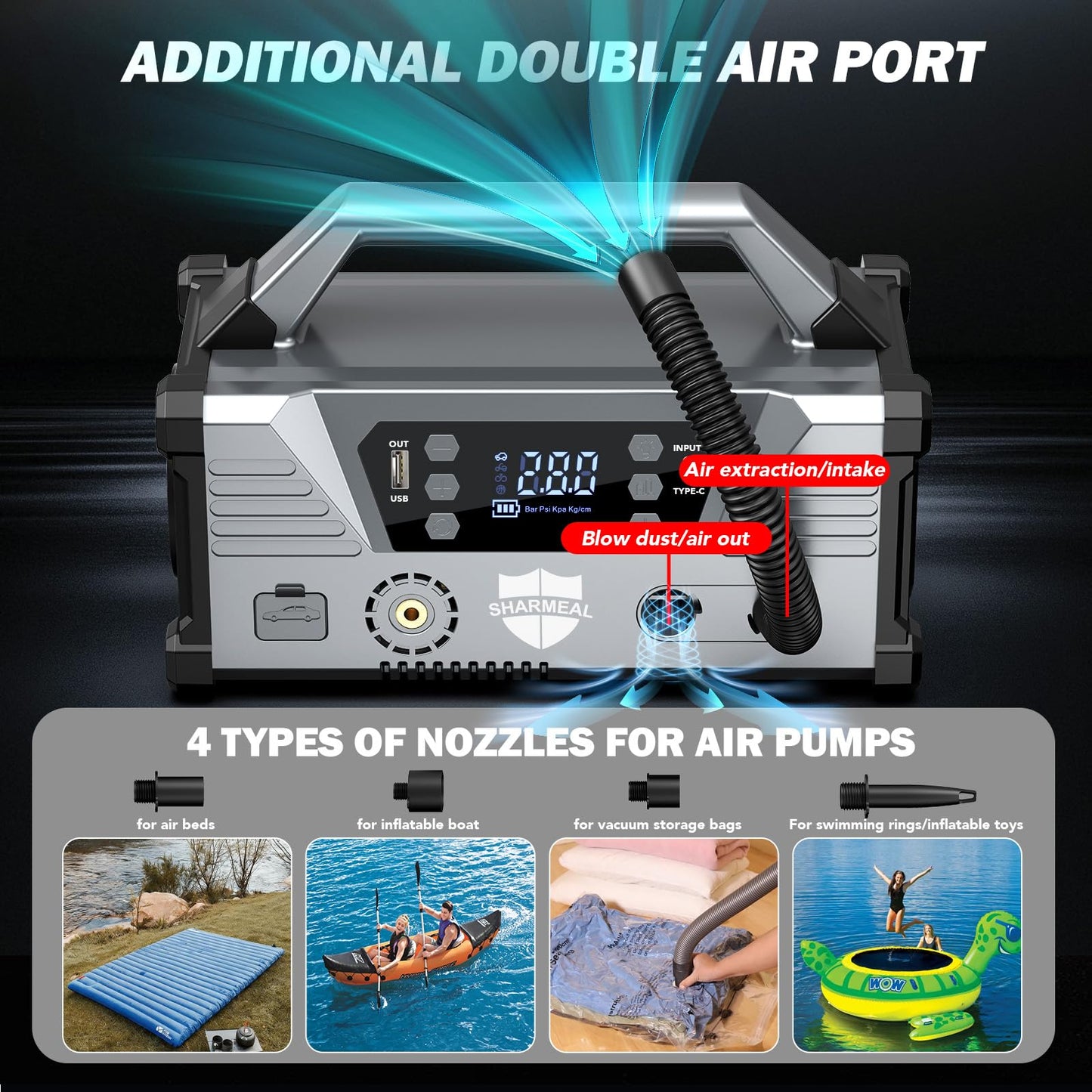 Sharmeal Jump Starter with Air Compressor，9000A Car Battery Jump Starter (All Gas/12.0L Diesel)，200PSI Car Battery Jumper Starter Portable 12V Jump Box with Jumper Cables, LED Light